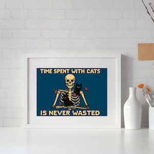 Cat Lover&#39;s Wall Art, &#39;Time Spent with Cats is Never Wasted&#39;, Pet Decor, Skeleton Canvas Print, Cat Gift, Home Decor