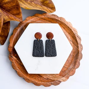 Black Polymer Clay Earrings | Leaf Pattern Wood Stud Dangles | Pressed & Polished Clay Co. | PressedPolishedClay