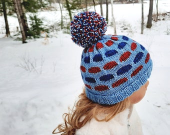 Unisex Hat Knitting Pattern - Polka Dot Hat Pattern - Red and Blue Hat Pattern - the HAYDEN Hat (Baby, Toddler, Child & Adult sizes incl'd)