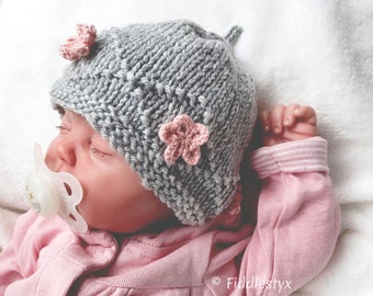 Hat Knitting Pattern - Baby Hat Pattern - Newborn Hat with Flowers - the MEG hat (Newborn, Baby, Toddler, Child & Adult sizes)