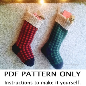 Knitting Pattern - Christmas Stocking Knitting Pattern - Red Plaid Christmas Stocking - Green Christmas Stocking PAUL Xmas Stocking Pattern