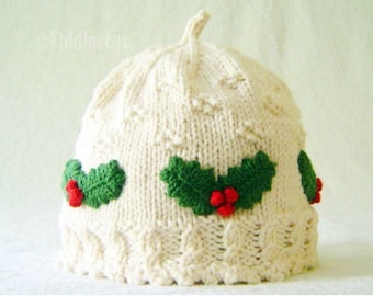 Hat Knitting Pattern - Girls Christmas Hat Pattern - the HOLLY Hat (Newborn, Baby, Toddler, Child & Adult sizes incl&#39;d)