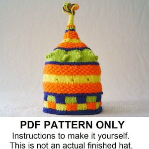 May include: A PDF knitting pattern for a colourful hat with a pointed top and a striped design. The hat is made with orange, yellow, green, and blue yarn. The pattern includes instructions to make the hat yourself. "PDF PATTERN ONLY. Instructions to make it yourself. This is not an actual finished hat."