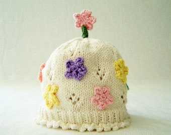 Knitting Pattern - Girls Flowered Hat Knitting Pattern - the JULIA Hat (Newborn, Baby, Toddler, Child & Adult sizes incl'd)