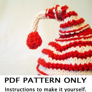 K&ouml;nnte beinhalten: Ein PDF-Muster zum Stricken einer rot-wei&szlig; gestreiften M&uuml;tze mit einem Bommel oben. Das Muster ist f&uuml;r eine M&uuml;tze mit einer langen, spitzen Spitze. Der Text auf dem Bild lautet "PDF PATTERN ONLY Instructions to make it yourself. This is not a finished item."