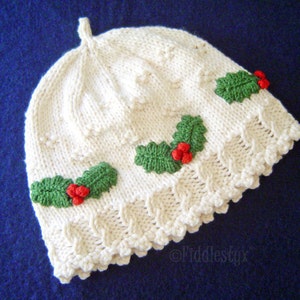 Hat Knitting Pattern Girls Christmas Hat Pattern the HOLLY Hat Newborn, Baby, Toddler, Child & Adult sizes incl'd image 2