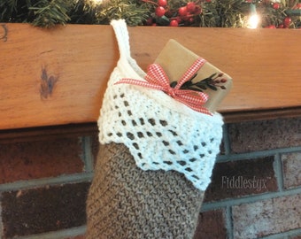 Hand Knit Christmas Stocking - Burlap and Lace Christmas Stocking - Knitted Rustic Christmas Stocking - Shabby Chic Christmas Stocking