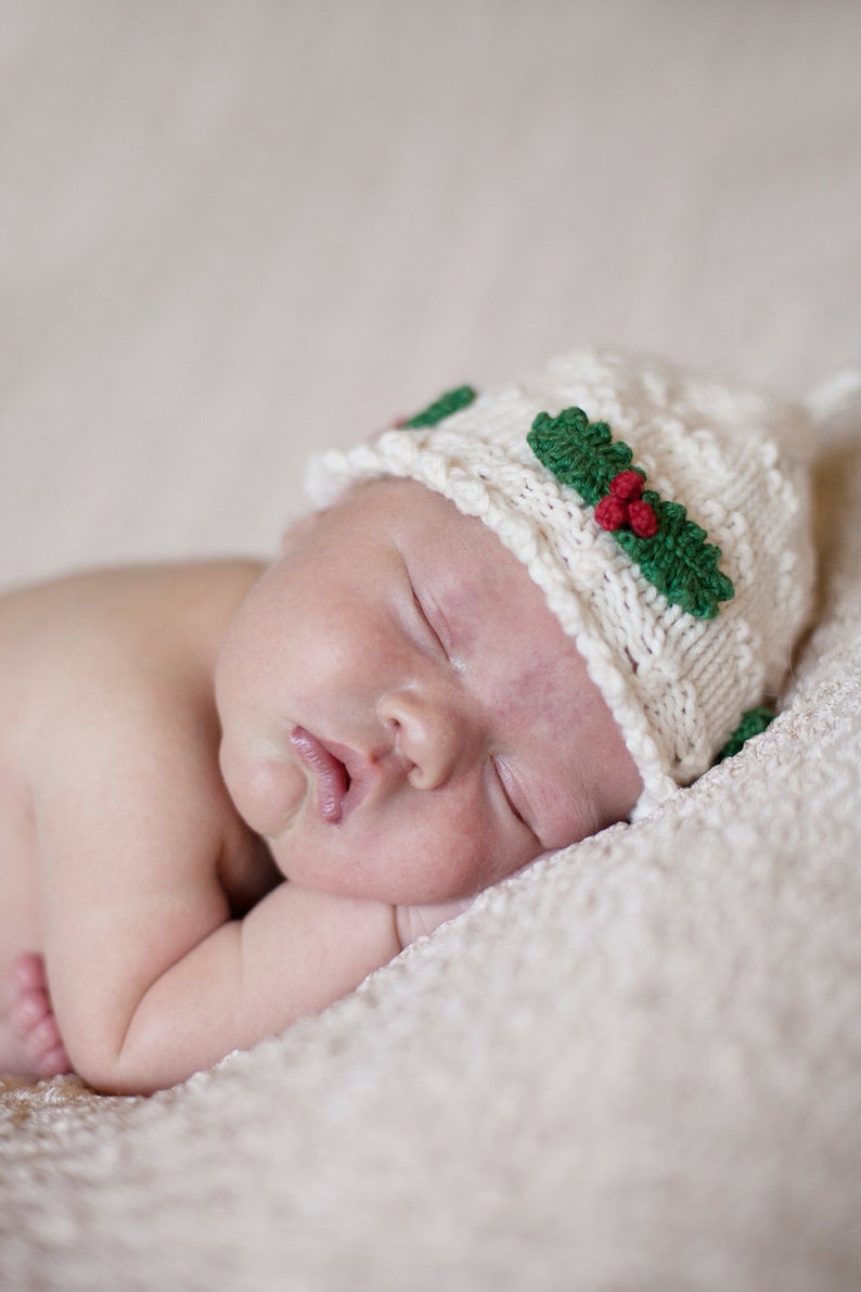 Hat Knitting Pattern Girls Christmas Hat Pattern the HOLLY Hat Newborn, Baby, Toddler, Child & Adult sizes incl'd image 3