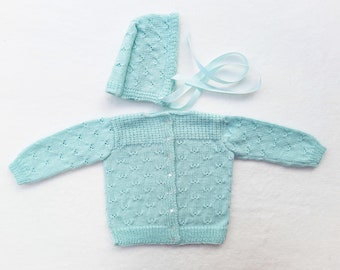 Hand Knit Baby Sweater Set - Unisex Baby Sweater Set - Spring Hand Knitted Sweater - Easter Baby Sweater - Mint Green Baby Sweater