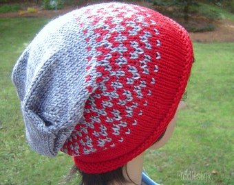 Adult Slouchy Hat - Unisex Knit Slouchy Hat - Red and Gray Fair Isle Slouchy hat - the SOHOLA slouchy