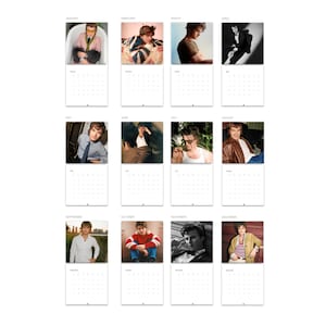 May include: A wall calendar featuring twelve months, each with a different photograph of a person. The photographs vary in color and style, with some in black and white. The calendar pages are white with a grid of small squares for each day.