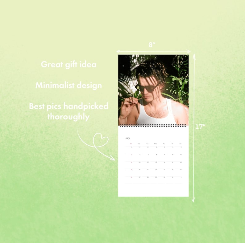 May include: A calendar featuring a photograph of a person wearing sunglasses and a white tank top, with a July calendar page. The calendar is 8 inches wide and 17 inches tall. Text on the image includes "Great gift idea", "Minimalist design", and "Best pics handpicked thoroughly."