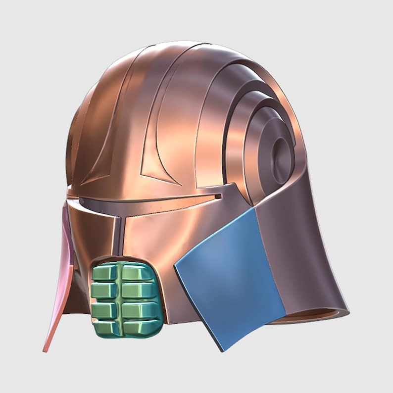 May include: A bronze-coloured helmet with blue and pink accents. The helmet has a visor and a series of rectangular openings on the front.