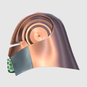 May include: A copper-coloured helmet with a blue and green visor and a series of concentric circles on the top.