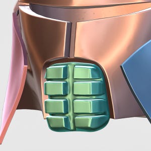 May include: A close-up of a metallic helmet with a green and blue detail. The helmet has a textured surface and a geometric design.