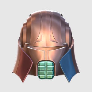 May include: A metallic helmet with a copper-coloured finish and blue and red accents. The helmet has a visor and a grid-like design on the front.