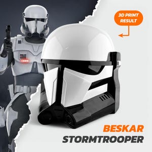May include: A white 3D printed helmet with black details. The helmet is a replica of a Beskar Stormtrooper helmet from the Star Wars franchise. The text "Beskar Stormtrooper" is printed below the helmet.