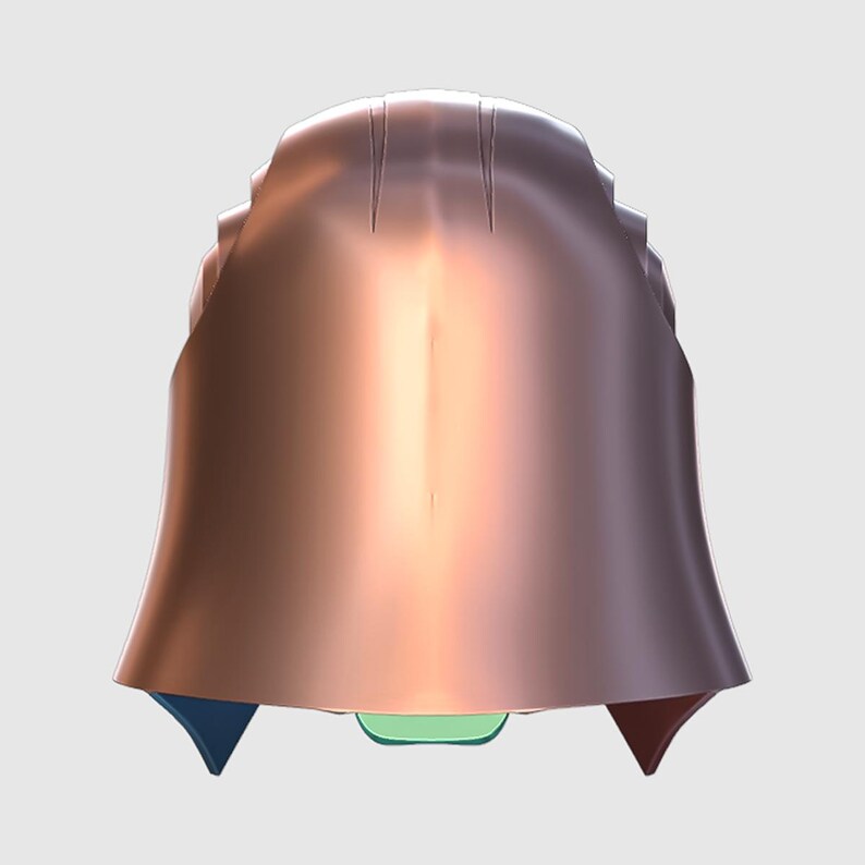 May include: A copper-coloured helmet with a smooth, rounded surface. The helmet has a pointed top and a wide brim. The helmet is a 3D model.