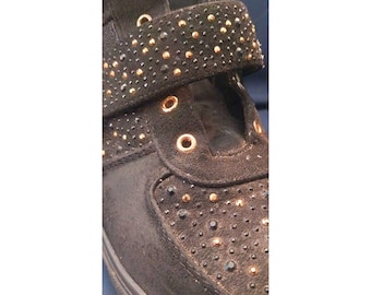 Women's Size 9 Black Rhinestone High Top- Side Zip Hook Loop Strap Casual Shoes