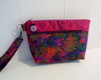 Raspberry Dragonfly Batik Glam Bag Wristlet with Detachable Handle