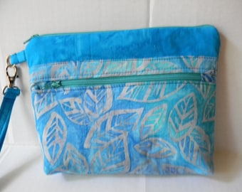 Turquoise Floral Batik Wristlet with Detachable Handle
