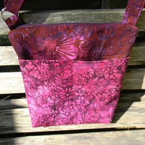 Plum Floral Batik Cross Body Zipper Purse with Six Pockets image 4