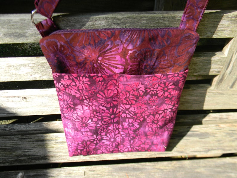 Plum Floral Batik Cross Body Zipper Purse with Six Pockets image 4