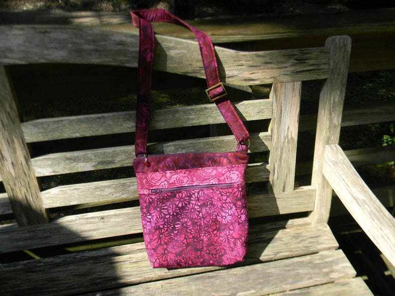 Plum Floral Batik Cross Body Zipper Purse with Six Pockets image 1