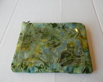 Green Frogs Batik Zipper Pouch w/ Waterproof Lining and Clear Texting Pocket.