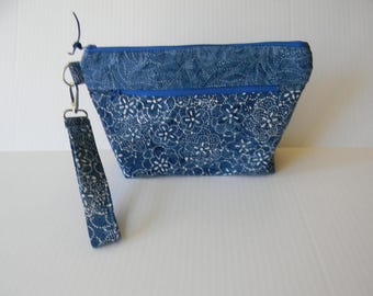 Large Blue Batik Wristlet with Detachable Handle