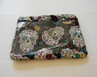 Sugar Skulls Day of the Dead Fabric Zipper Pouch with Plastic Lining and Texting Pocket