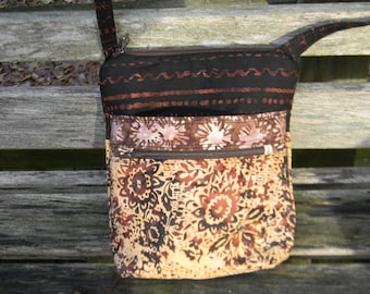 Small Brown Floral Batik Zipper Crossbody Bag