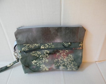 Gray Leaves Zipper Wristlet with Detachable Handle