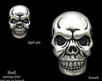 Skull Lapel Pin Skull Brooch Sterling Silver Skeleton Pin, Halloween, Scary, Gothic Pin