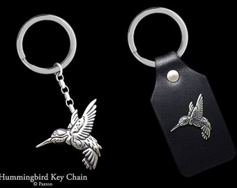 Hummingbird Keychain / Keyring Sterling Silver Humming Bird on Genuine Leather Key Fob Key Chain