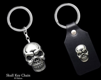 Skull Keychain / Keyring Sterling Silver Skull on Genuine Leather