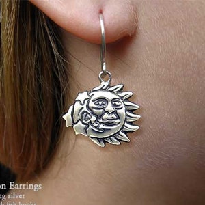 Pendientes de sol y luna de plata de ley tallados a mano y fundidos con anzuelo o poste