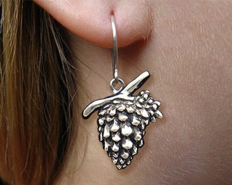 Pine cone  Earrings Sterling Silver Hand Carved & Cast Fish Hook or Post Tree Pinecone