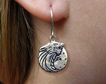 Wolf Earrings Sterling Silver Wolf Howling with Moon Earrings Hand Carved & Cast Fish Hook or Post