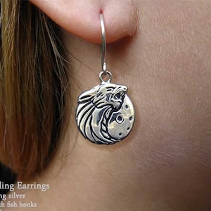 Wolf Earrings Sterling Silver Wolf Howling with Moon Earrings Hand Carved & Cast Fish Hook or Post