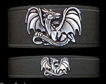 Dragon Leather Bracelet Sterling Silver Dragon on Leather Bracelet