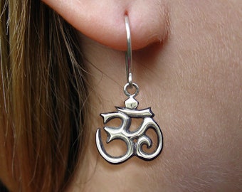 Om Symbol Earrings Sterling Silver Hand Carved & Cast Fish Hook or Post Aum Yoga Meditation earrings