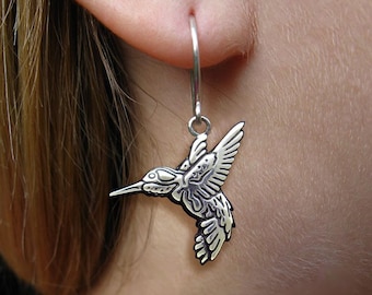 Kolibri Ohrringe Sterling Silber Hand geschnitzt & gegossen Fisch Haken oder Post