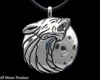 Wolf Mond Anhänger Halskette Sterling Silber