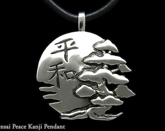 Bonsai with Sun & Peace in Japanese Kanji Pendant Necklace Sterling Silver