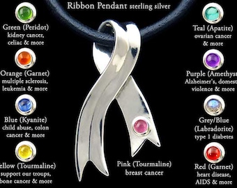 Awareness Ribbon Pendant Necklace Sterling Silver Breast Cancer Ribbon Pendant, Diabetes Ribbon Pendant, AIDS Ribbon Pendant & More