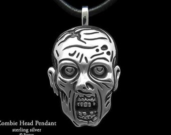 Zombie Head Pendant Necklace Sterling Silver