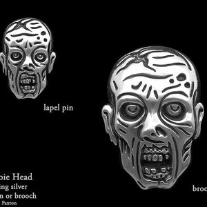 Zombie Head Lapel Pin or Zombie Head Brooch Sterling Silver