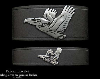 Pelican Leather Bracelet Sterling Silver Pelican on Leather Bracelet