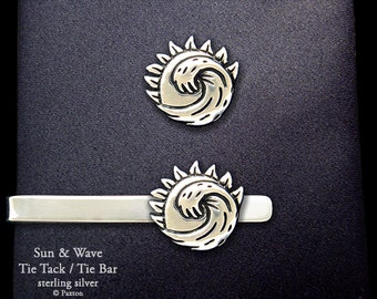 Sun & Wave Tie Tack or Sun Ocean Wave Tie Bar / Tie Clip Sterling Silver